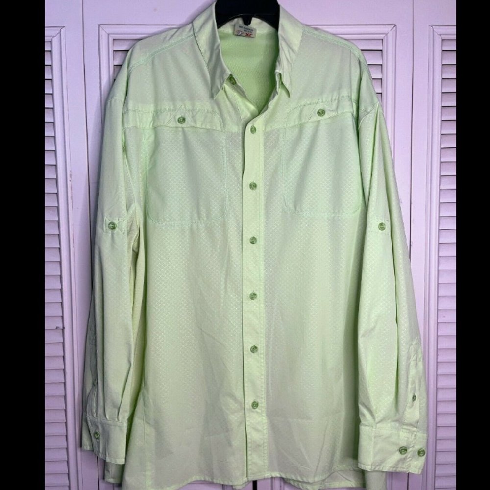 Men's REEL LEGENDS Lime Green Longsleeve UPF Protection Fishing Shirt Sz XL EUC
